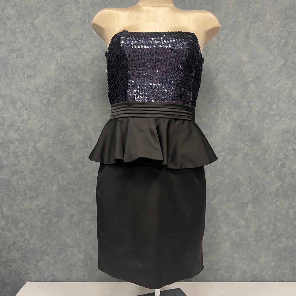 C. Luce Sequin Peplum y2k Dress Strapless Party Cocktail Blue Black Size S FLAW*